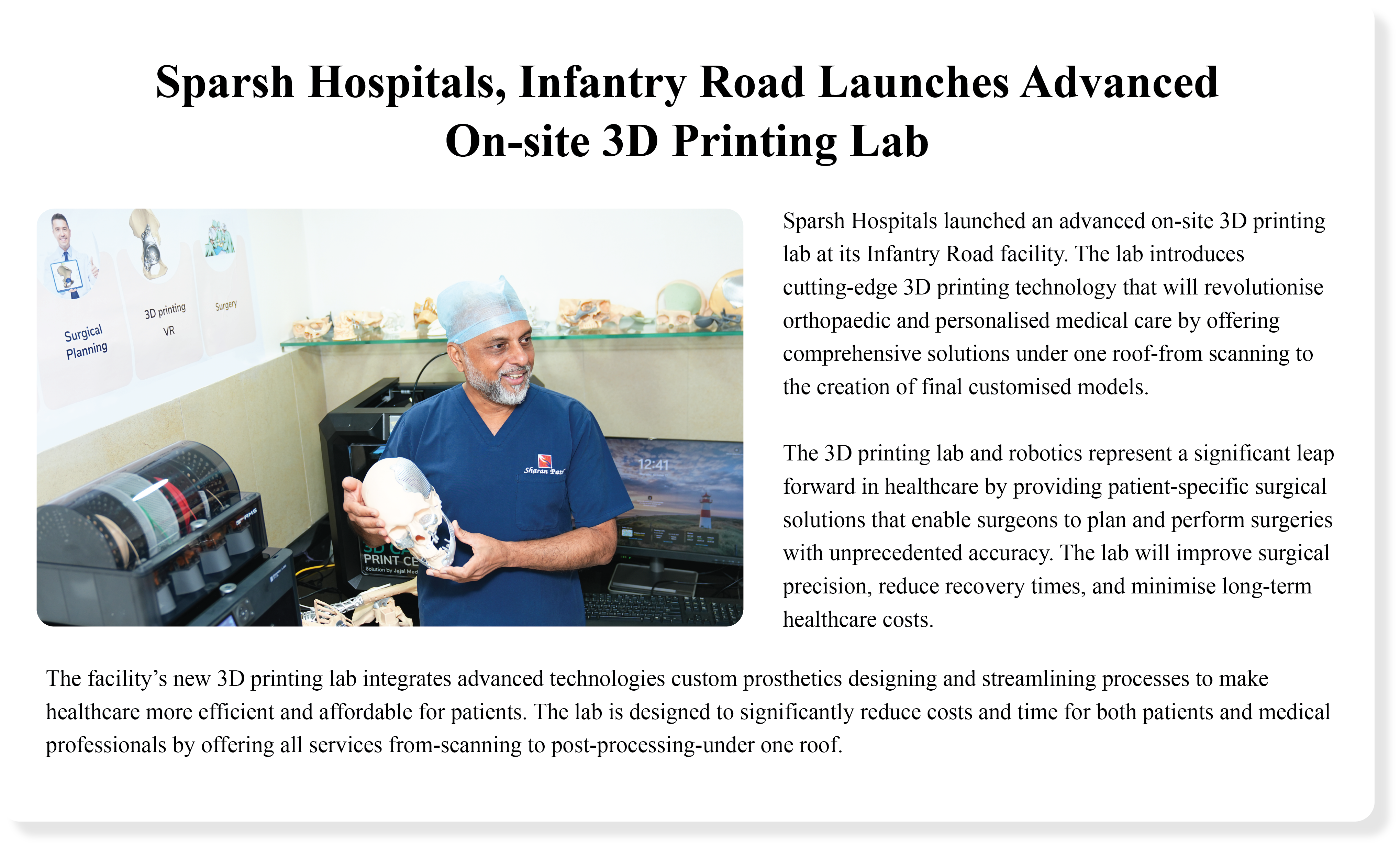 Sparsh Hospitals, Infantry Road Launches Advanced On-site 3D Printing Lab